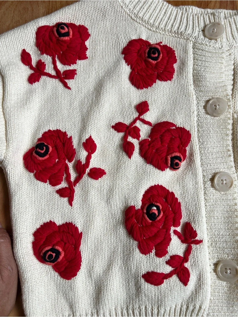 VGUC Francesca's Collections Cream Cardigan with Red Rose Embroidery